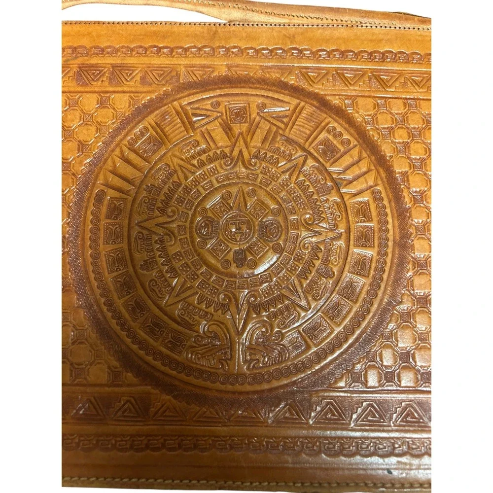 Vintage Mexican Hand Tooled Leather Briefcase Aztec Calendar Eagle Satchel Bag